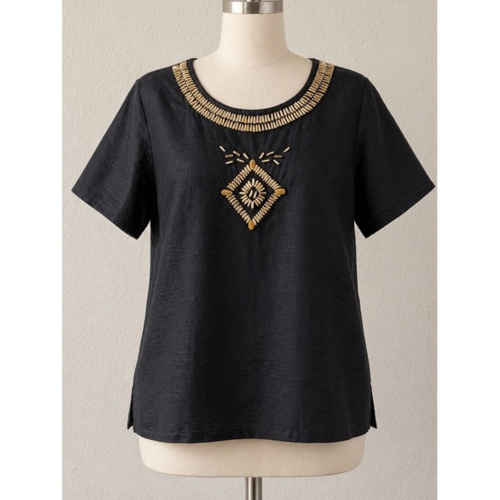 VINTAGE Beaded Blouse M Black Short Sleeve Top Lightweight Artsy Party Vacation